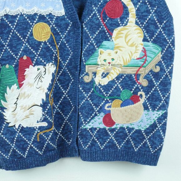Vintage Large Sweater Vest Cat Applique Embroidered Grannycore 90s Cat Lady - Picture 3 of 6